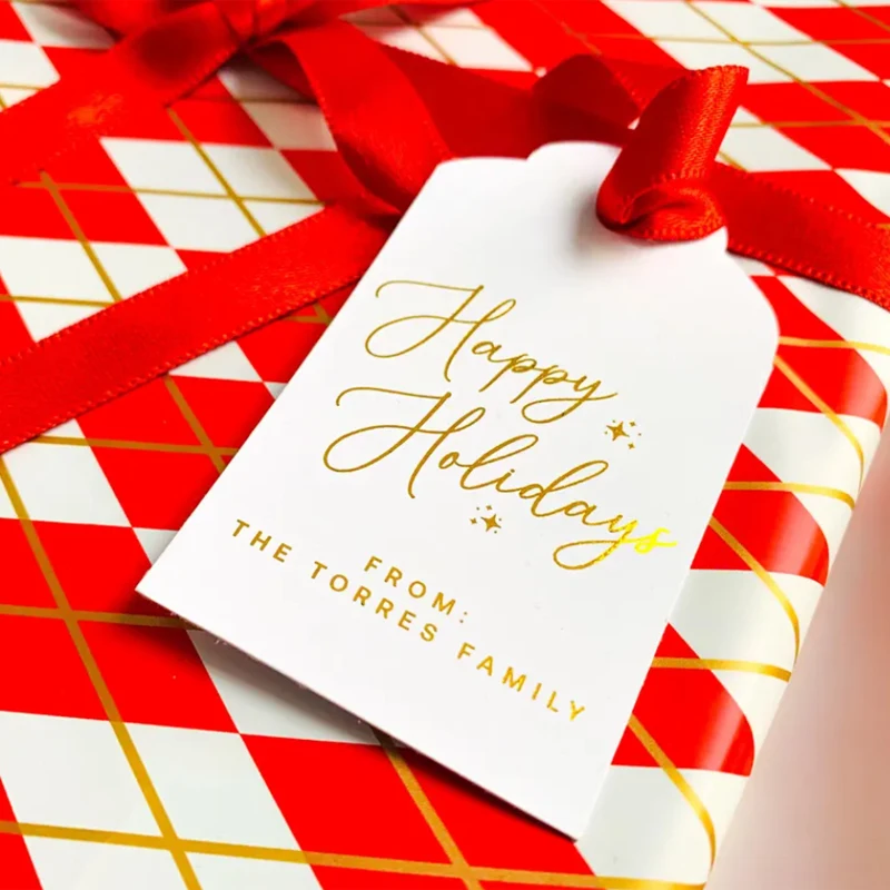 50 étiquettes cadeaux personnalisées "Joyeuses Fêtes", étiquettes en papier personnalisées, étiquettes en feuille d'or, étiquettes cadeaux de Noël