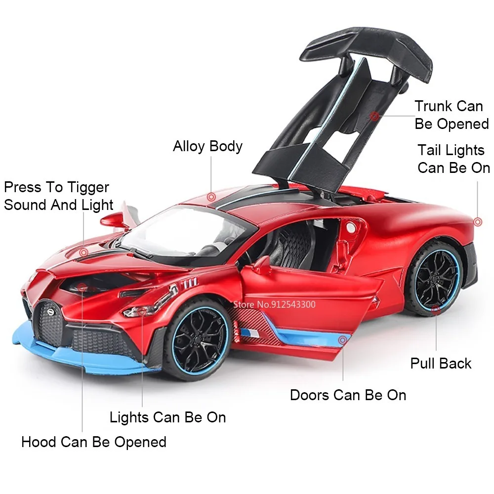 1:32 Bolide Divo Metal Diecast Car Model Toy Pull Back Music Light Miniature Vehicle Collection Gifts Decorative Toys Models