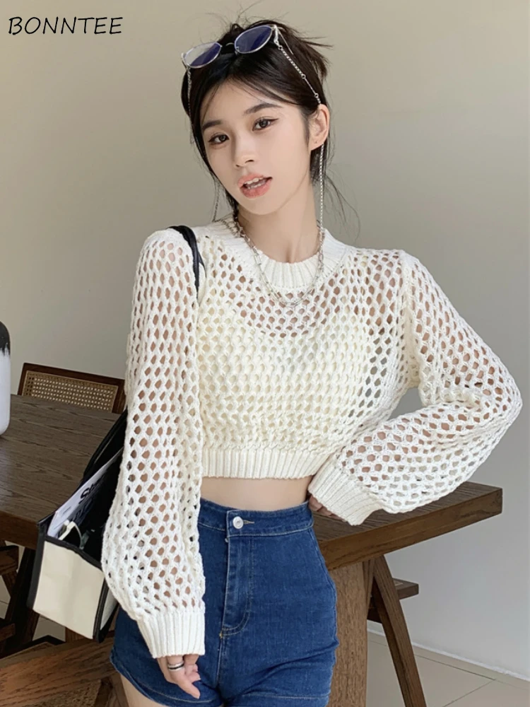 Cropped Pullovers Women Casual Hollow Out Design Gentle Baggy Knitted Sweater All-match Korean Fashion Soft Streetwear Jumper