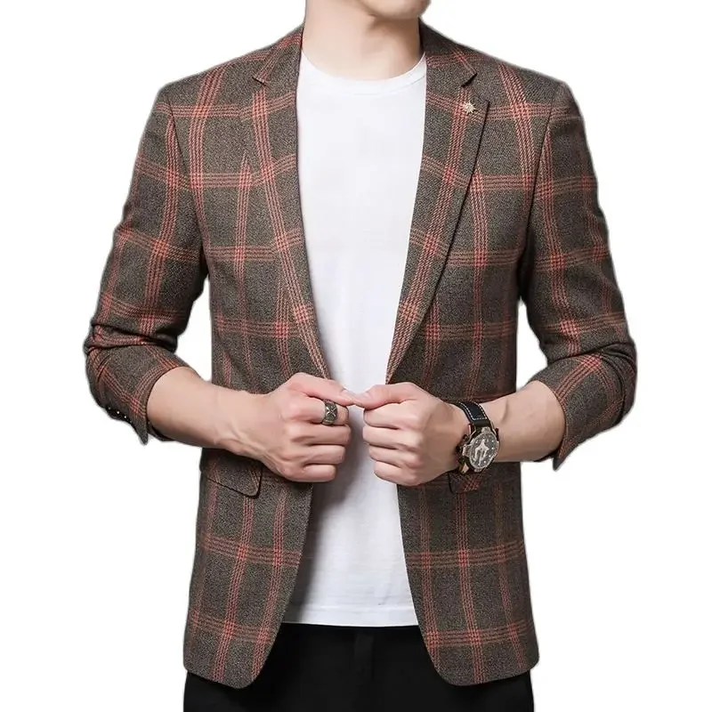 

S-5XL New Men's Plaid Single Buckle Fashion Business Slim Youth Professional Dress Trend Versatile Comfortable Korean Suit