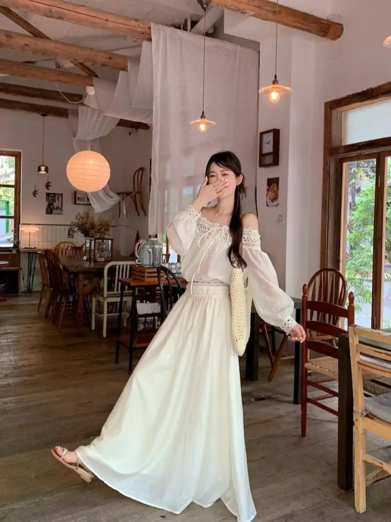 

Beach Vacation Style Women's Long Sleeve High Waist Half Body Skirt Two-Piece Set Slimming Effect French Style Summer Fashion