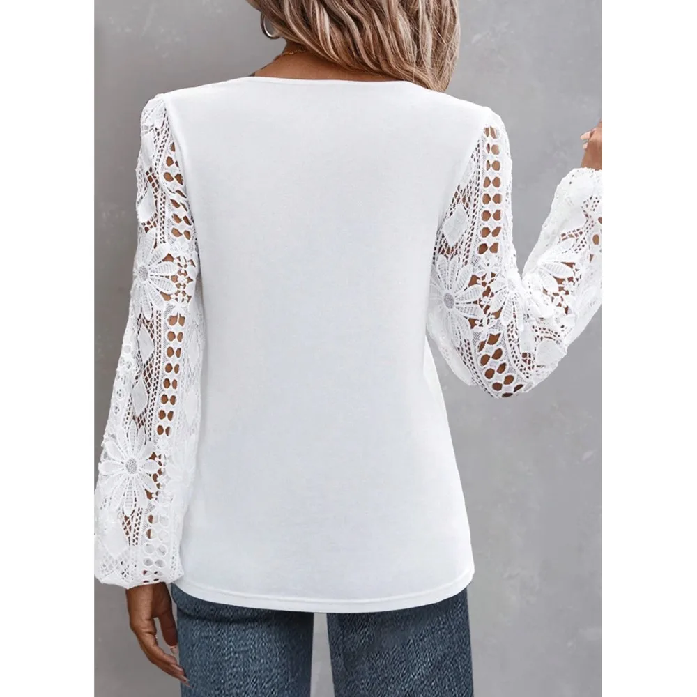 2024 Spring Autumn Solid Fashion Blouse Elegant Embroidery Hollow Lace Shirt Women Casual Long Sleeve White Pullover Tops Blusas