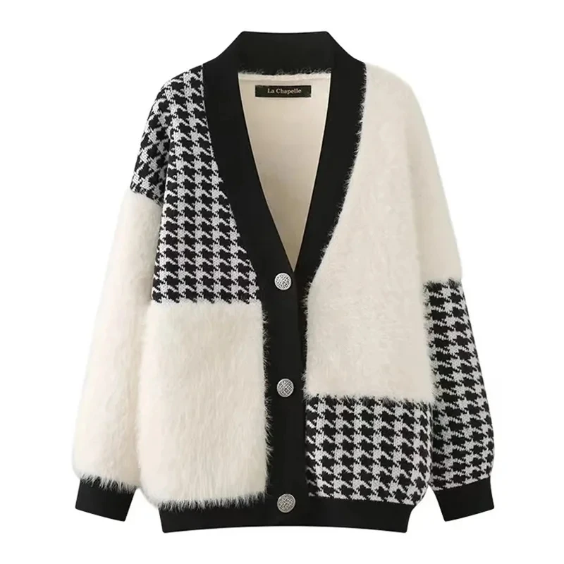 

Imitation Mink velvet Coat Women Autumn Winter New Houndstooth Knitted Splicing Cardigan Outwear Loose Wild Sweater Female Top