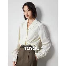 TOYOUTH Women Blouse Shirt 2024 Autumn New Yamamoto Style Pleated V Neck Lapel Collar Long Sleeve Office Lady Shirt Tops Beige