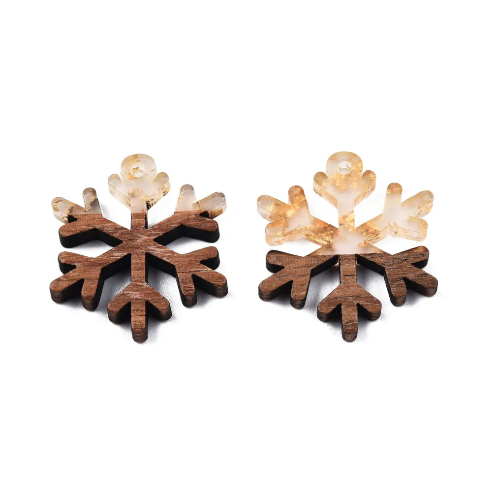 20Pcs Resin Wood Charms with Gold Foil Christmas Snowflake Wooden Resin Effect Dangle Pendants for Jewelry Making DIY Earrings