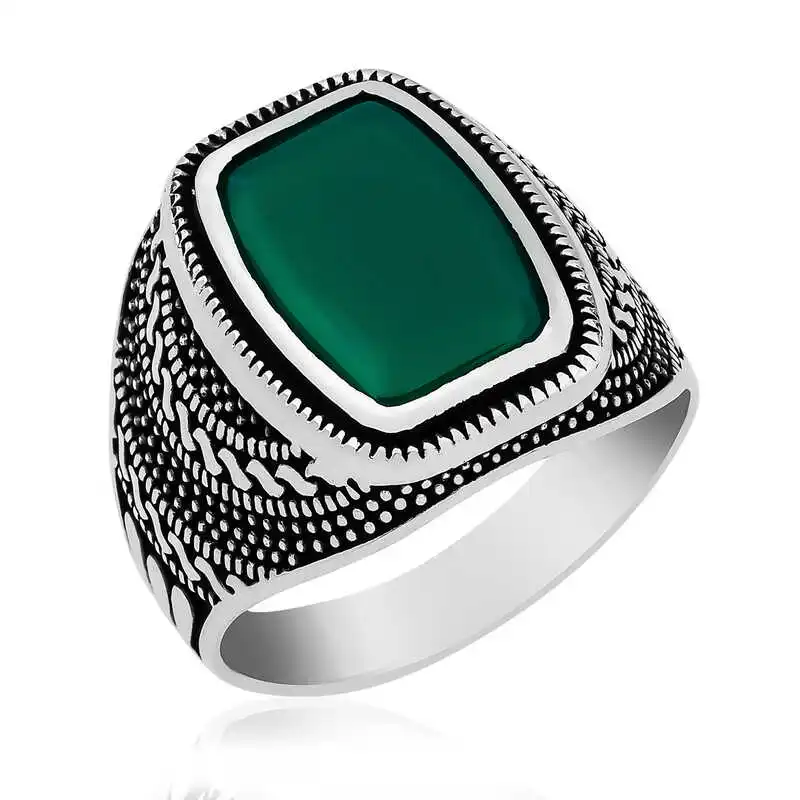 Silver Green Agate Stone Pattern Men 'S Ring