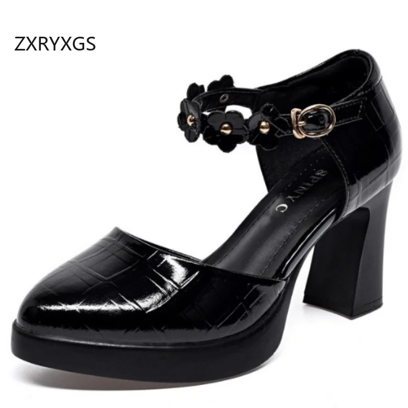 XRYXGS Elegant Top Cowhide Patent Leather Sandals 2026 New Summer Pointed Flower Women Fashionable Sandals Heel High 5 Cm / 7 Cm
