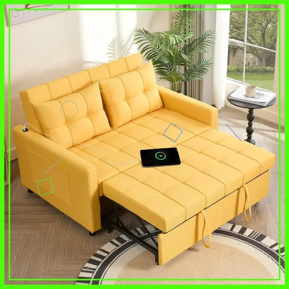 

Хит продаж: раскладной диван-кровать 52 дюйма, 3-в-1, с регулируемой спинкой и USB-портами, льняной желтый, для гостиной