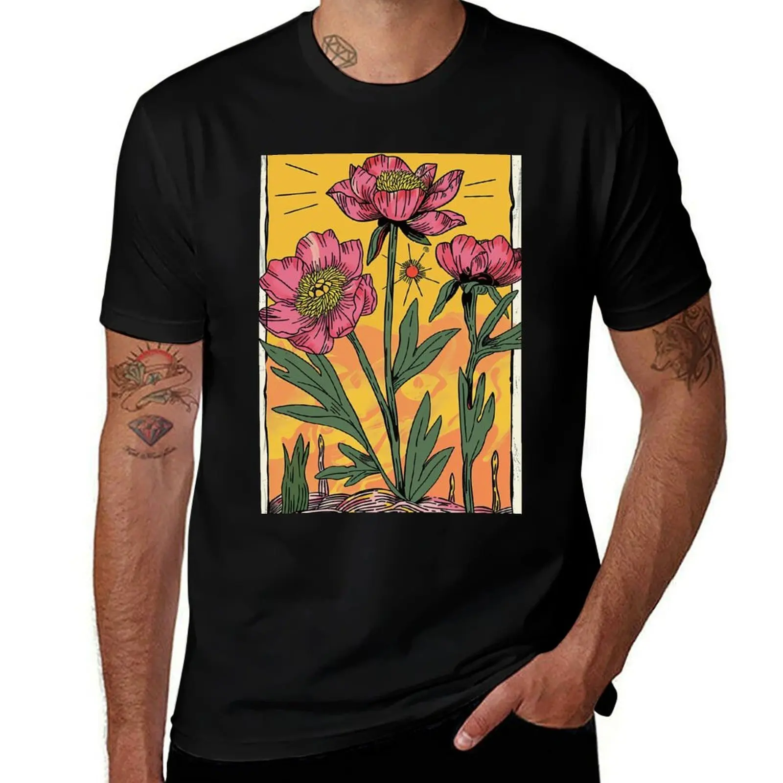 

Sunset Glow: Peonies and Sunbeams Tarot Art T-Shirt topping Short sleeve tee Blouse Anime t-shirt shirts men graphic