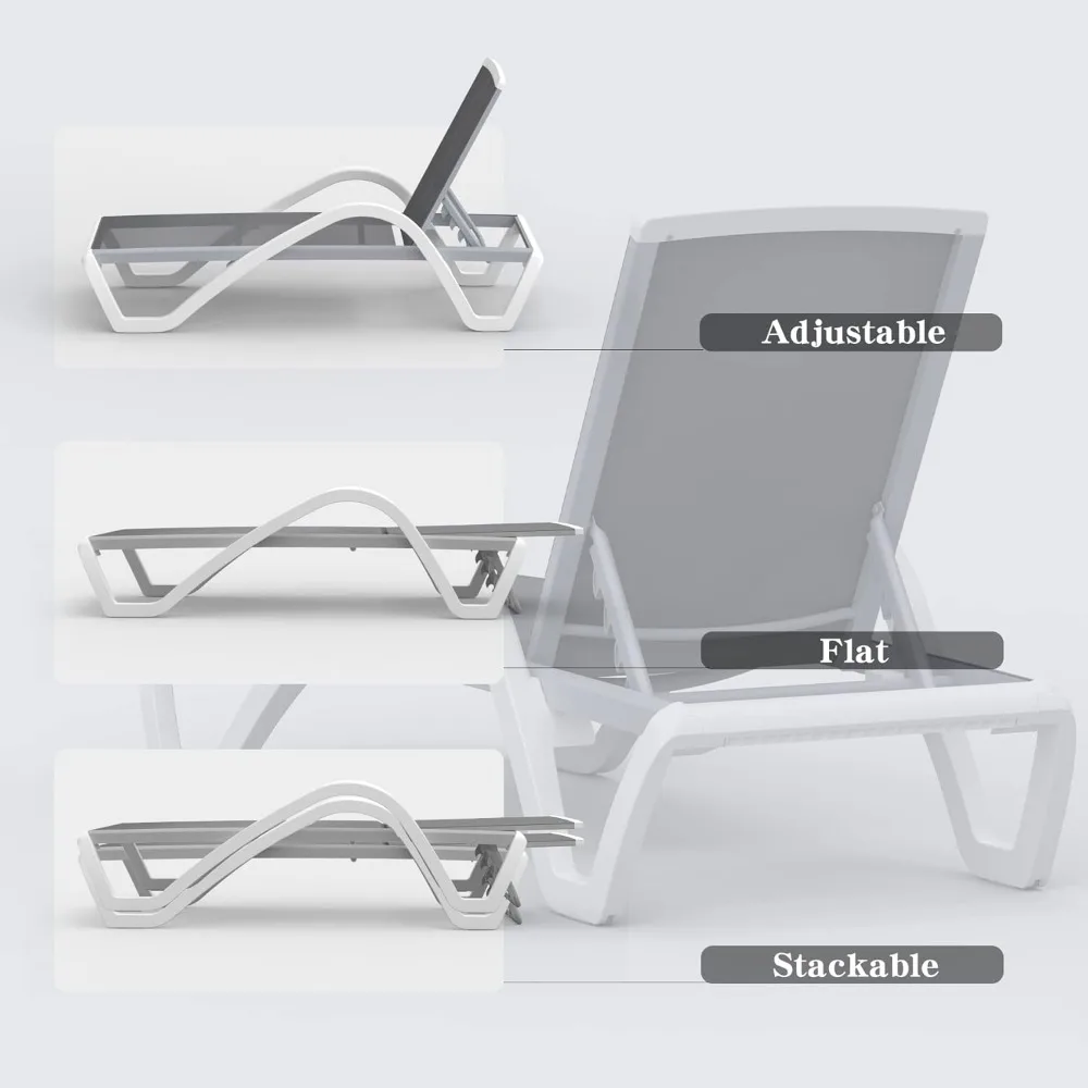 Zestaw 3 leżaków Patio, aluminiowy fotel do opalania na zewnątrz z polipropylenu z regulowanym oparciem, ramieniem, stolikiem bocznym