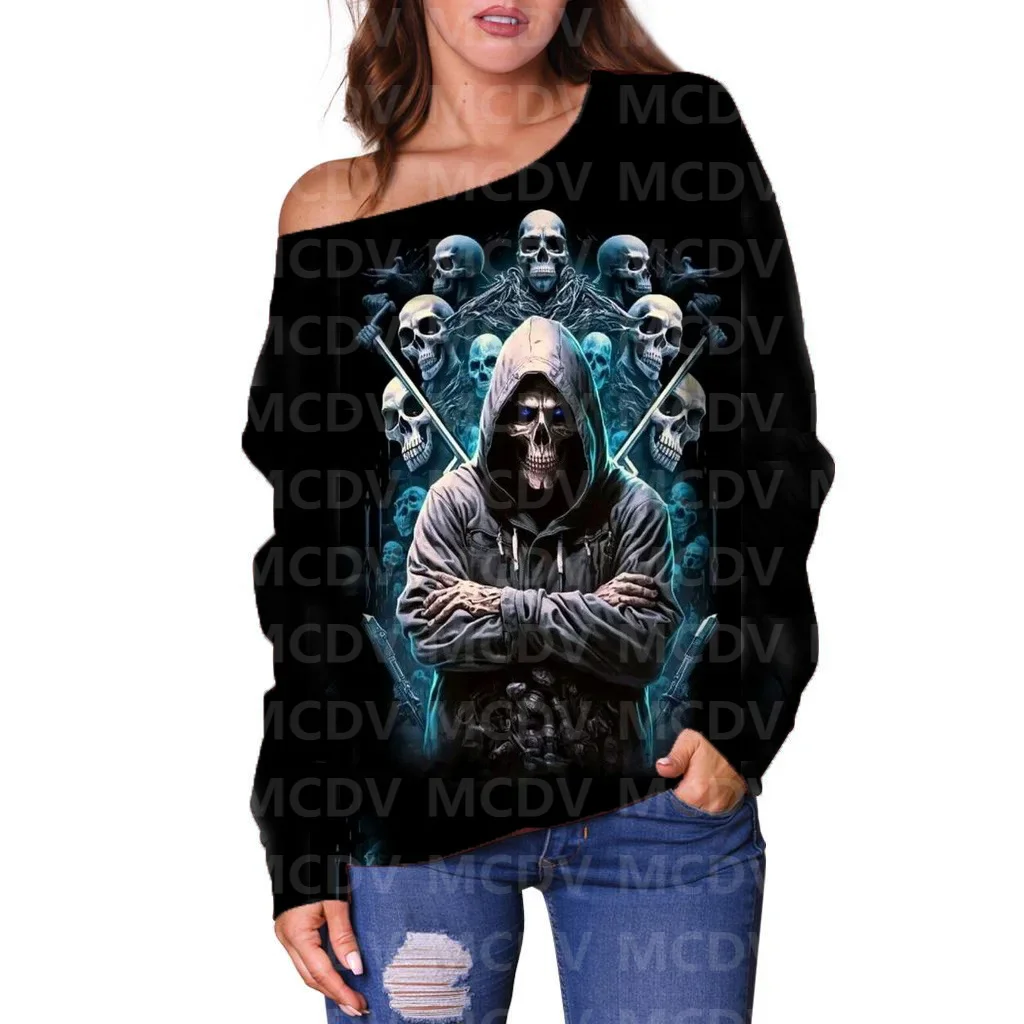 Women's Off Shoulder Sweater Halloween Skull 3D Printed Women Casual Long Sleeve Sweater Pullover 02