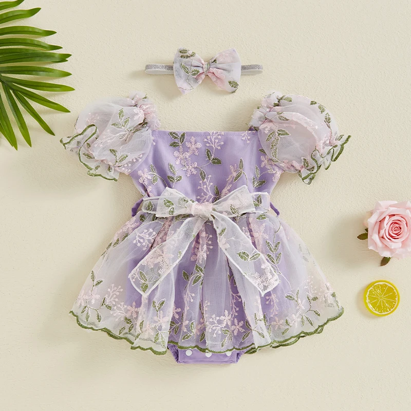 

Baby Girl Summer Outfit, Leaf Embroidery Square Neck Short Sleeve Patchwork Mesh Romper Dress with Belt Bow Headband