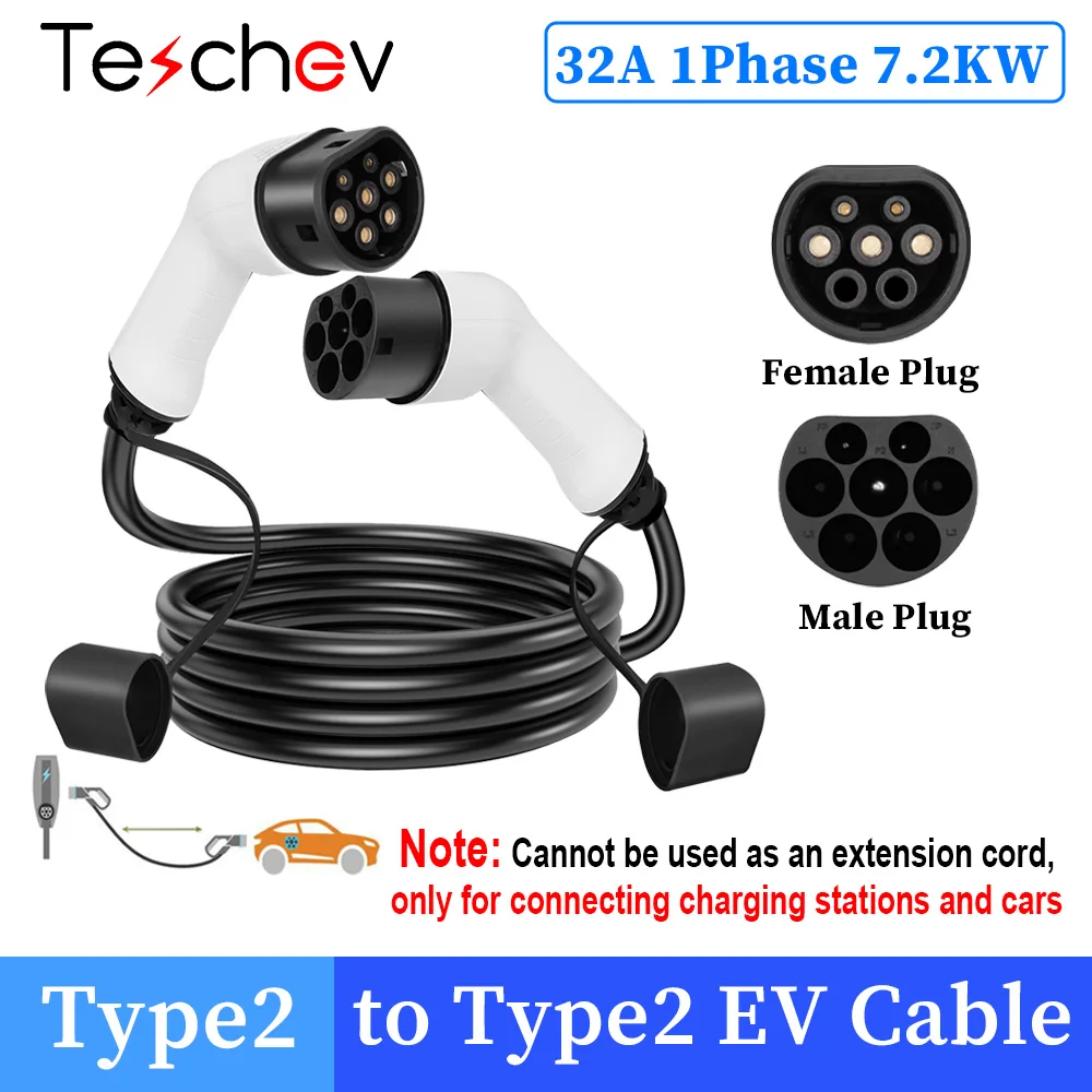 Teschev EV-oplaadkabel 16A 11KW 3-fase elektrische autolader 7KW 32A 1 fase EV-kabel Type 2 naar Type 2 IEC62196-2