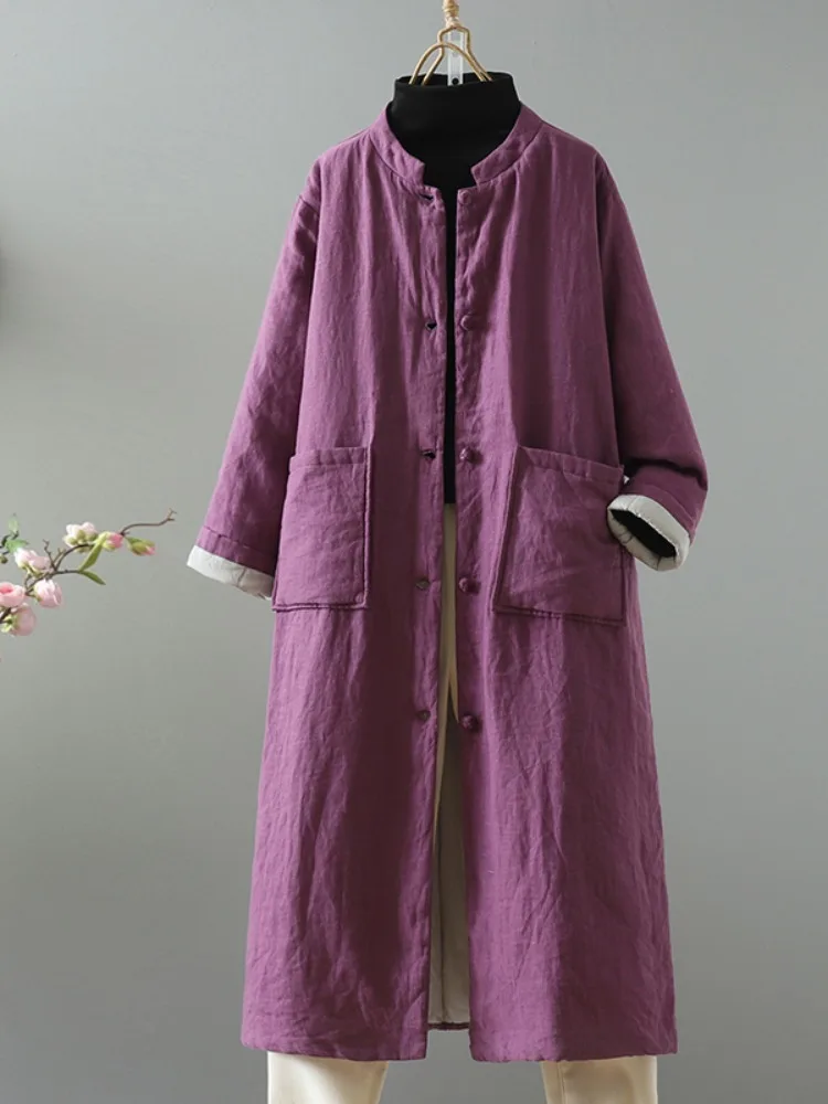 

Long Purple Linen Cotton Jacket Women's Winter Color Zen Style Tea Clothing Coat Thickened Retro Style Button Pocket