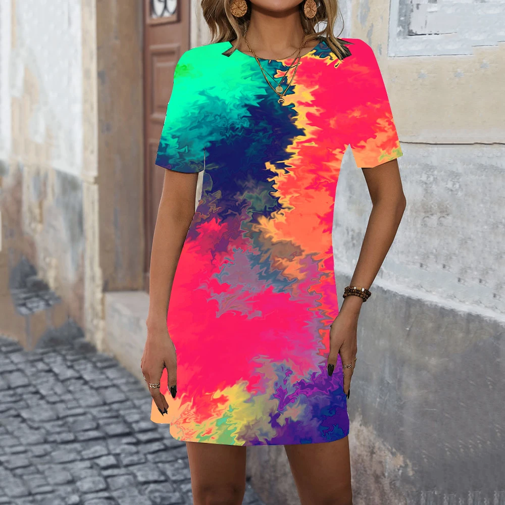 Farbverlauf Krawatte Farbstoff 3D-Druck Kleider für Frauen Mode Pullover Kurzarm A-Linie Kleid lose lässig Sommer O-Ausschnitt Kleid Vestidos