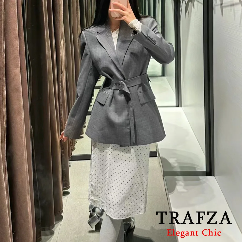 TRAFZA-Elegante Blazer Cinza de Escritório Feminino, Bolso de Lapela, Monocromático, Commuter, Dinheiro Velho, Nova Moda, Cinto, Primavera, Outono, 2022