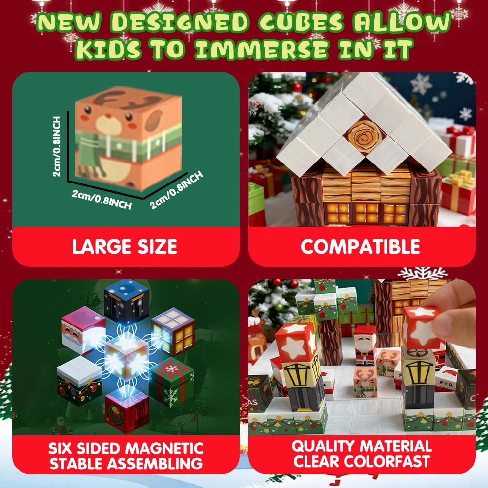 300個入り クリスマス マグネット式 積み木 知育玩具 DIY 積み重ねキューブ 家族で楽しめる組み立ておもちゃ 子供向けギフト マグネットブロック