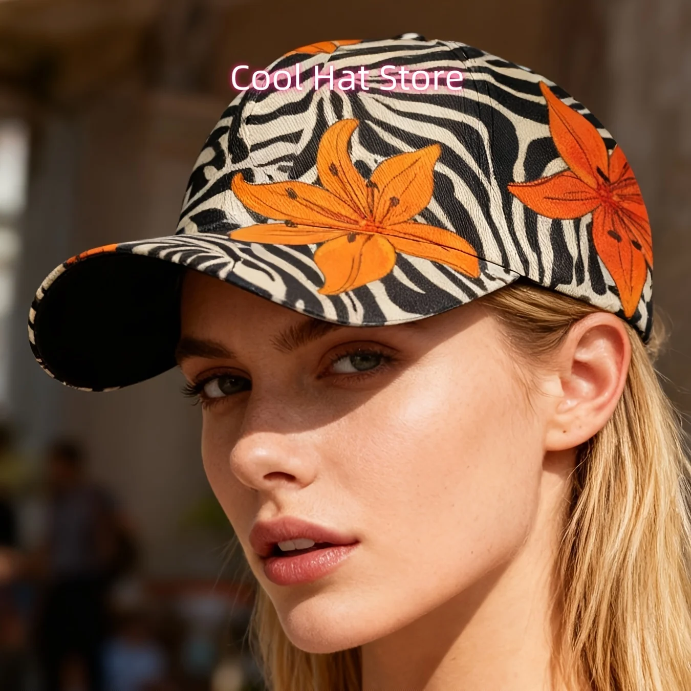 1pc Women's Zebra & Tropical Leaf Print Baseball Cap - Adjustable Snap Closure, & Breathable White/Black/Orange/ - Retro Safari