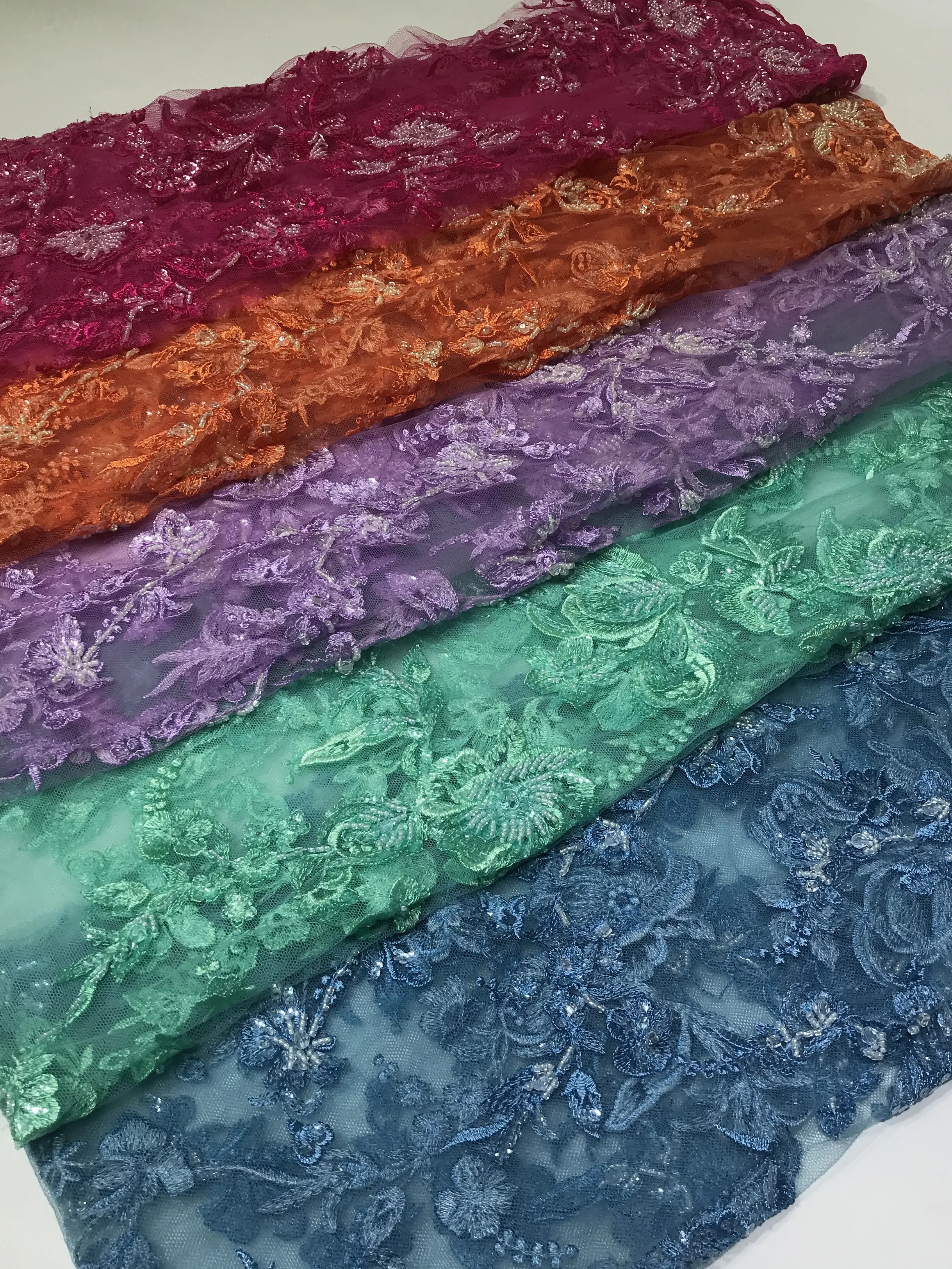 Latest  Dubai Fabric Lace Handmade Beaded Sequins Tubes French Tulle African Lace Fabric Burnt Orange gold Fusha Sea Green Color