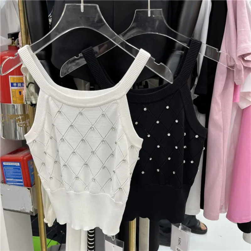 2024 New Summer Women\'s Clothing Crop Top Rhinestone Eyelet Spaghetti Top Casual Crew Neck Sleeveless Knitted Cami Top