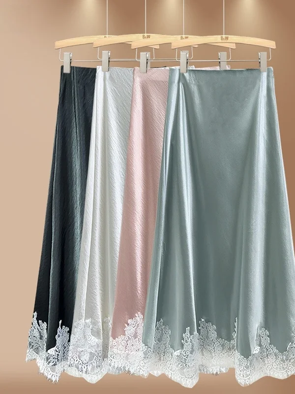 

Ele Lace Satin f Skirt Slimming Smooth Long Dr Korean Sle High Waist A-Line Skirt Pure Color Polyester Fiber