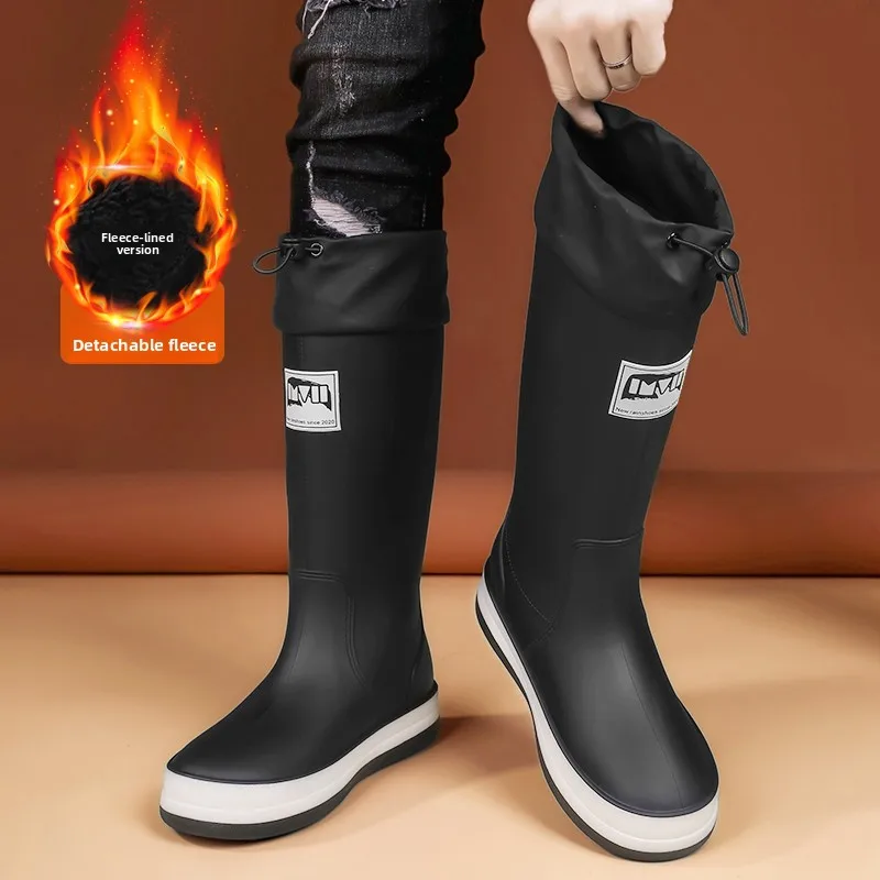 Men's Winter Rain Boots High-Tube Fleece Lined Anti-Slip Waterproof Construction Kitchen Water Shoes Warm Cotton Inner Boot
