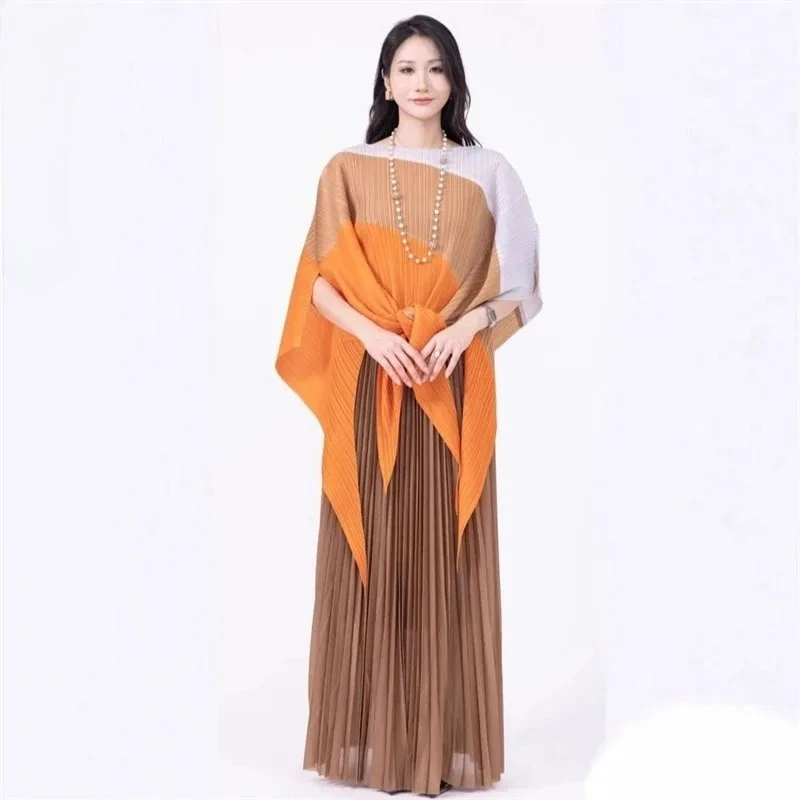 

Miyake Colour Blocking Patchwork Pleated Women's Two-piece Set 2025 Summer Irregular Top + Elastic Waist Wide Leg Pants Set