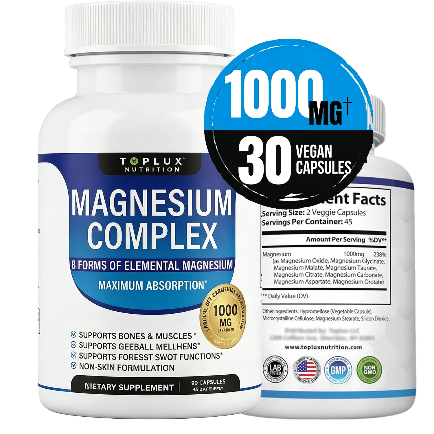 Magnesium Complex Supplement 8 Elemental 1000mg - Magnesium Glycinate, Citrate, Malate, Taurate for Bones, Recovery, Energy