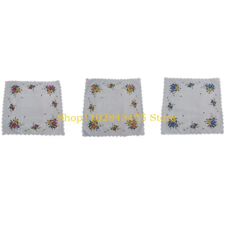 49MC 3 PCS Vintage Cotton Pocket Square Hankies Floral Print Cotton Handkerchiefs Hanky for Women Club Meeting
