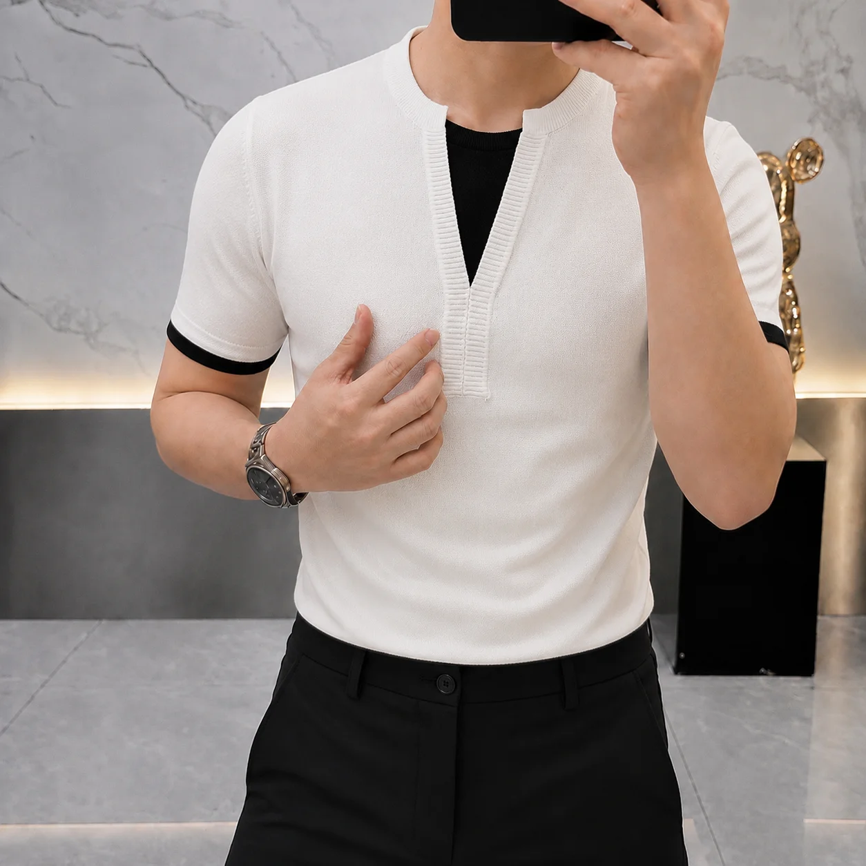 Summer Stand Up Collar Short Sleeved T-shirt Men's Spliced Fake Two-piece Casual T-shirts Versatile Knitted Business Social Top