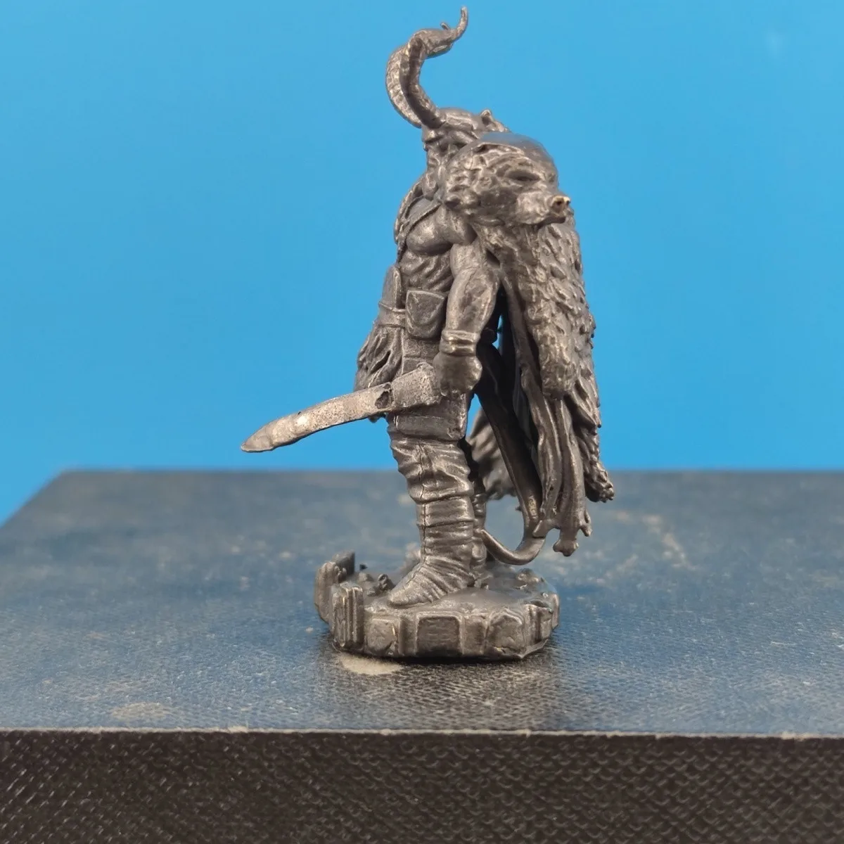 Vintage Brass Fantasy Warrior Miniature Figurine Horned Character Model Desktop Decor Diorama Collectible Metal Craft Gift