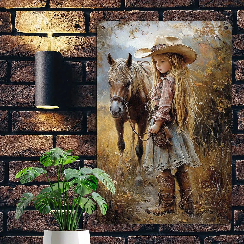 Western Little Cowgirl and Horse Oil Painting Style Metal Tin Sign Wall Decor
