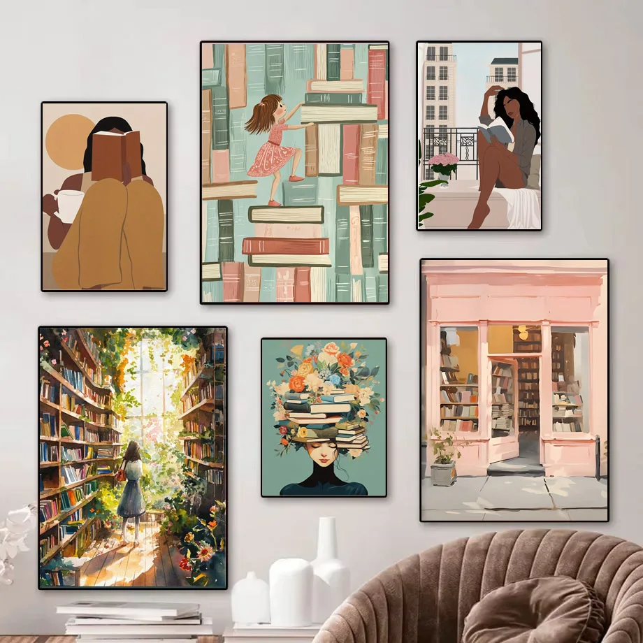 2026 1pc Vintage Library Bookshop Canvas Wall Art Poster Book Stacks Book Lovers Gifts Living Room Kitchen Bathroom Decor