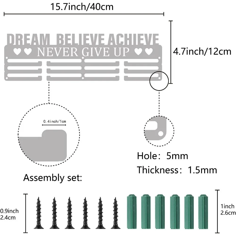 Medal Holder Display Hanger Rack Sports Dream Believe Achieve Never Give Up Metal Iron Wall Mount for Race Runner Players