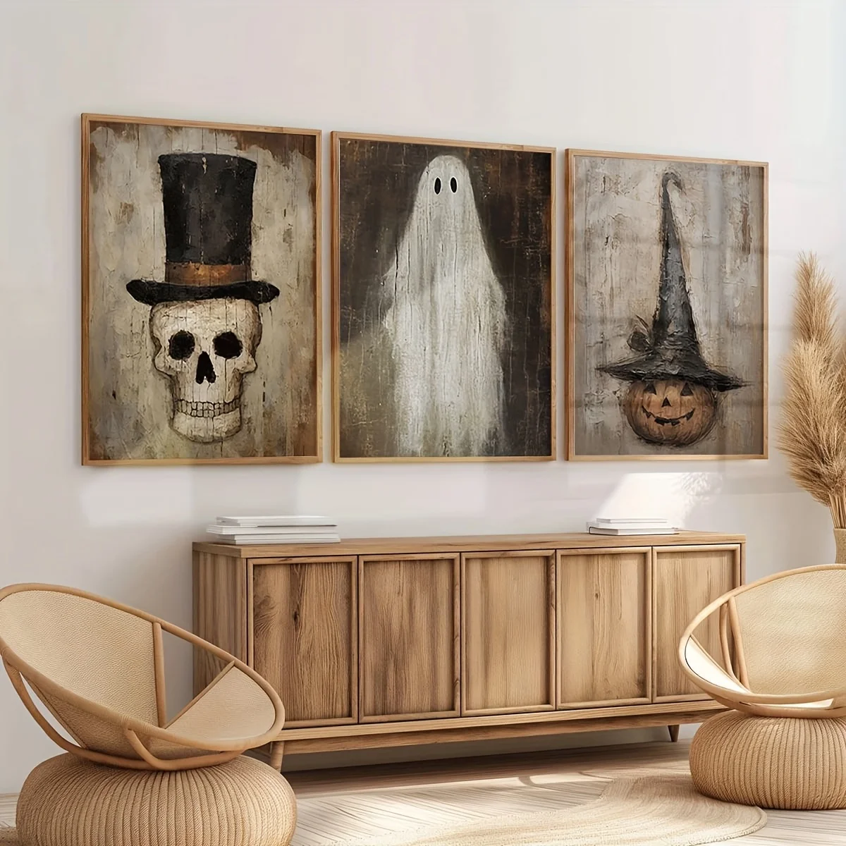 فرملس [ديكور الهالوين العتيق] طقم مكون من 3 قطع ديكور حائط عتيق للهالوين |   الهياكل العظمية والأشباح والمطبوعات الفنية على شكل فانوس اليقطين - مخيف