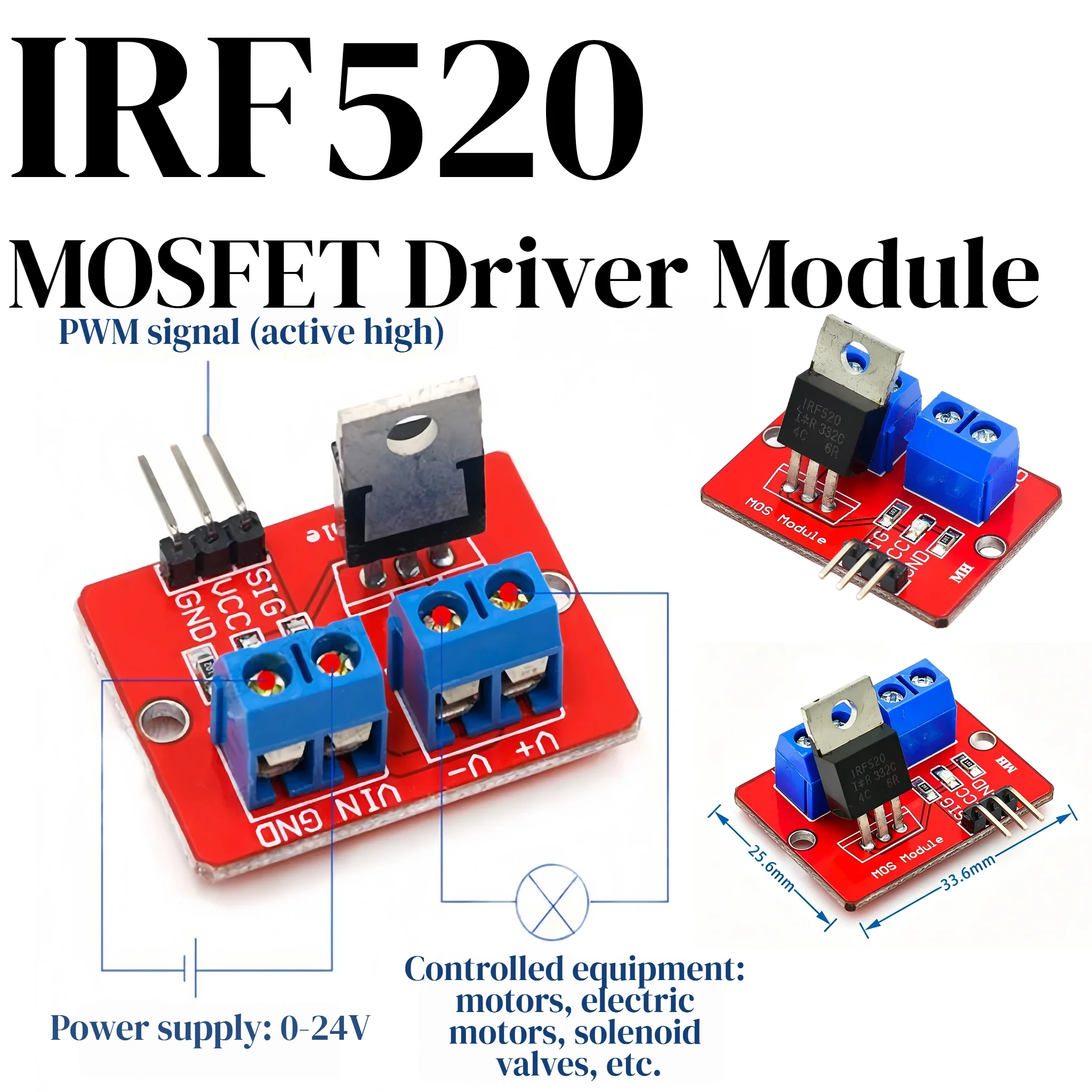 1/5/10PCS IRF520 MOSFET Driver Module 0‑24V PWM Control 3.3V 5V Logic Input For Arduino Raspberry Pi Motor Solenoid Valve