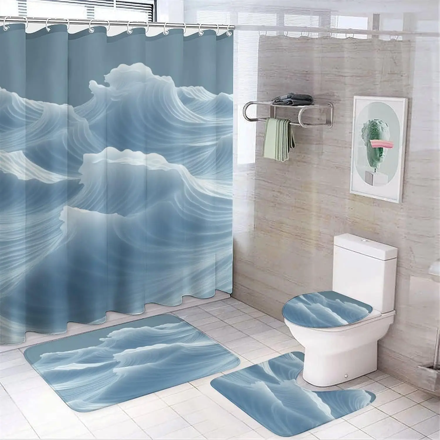 

Набор ковриков для ванной комнаты, светло-голубой узор белых волн с принтом на современных занавесках для душа для ванной комнаты, подходит для небольшого тренажерного зала
