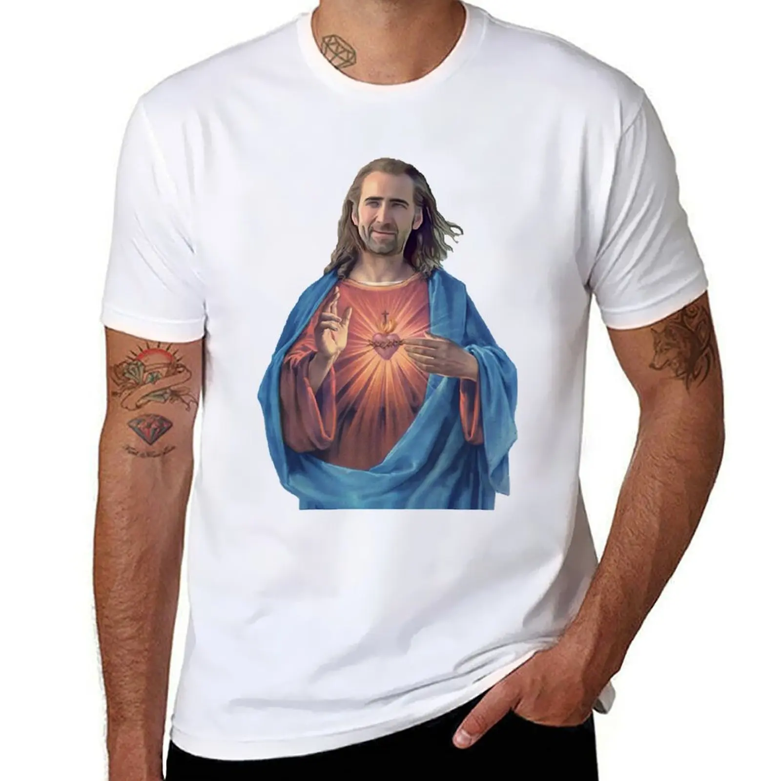 

Классическая футболка Николаса Кейджа с Иисусом, футболка с аниме, мужские футболки, хлопковая футболка