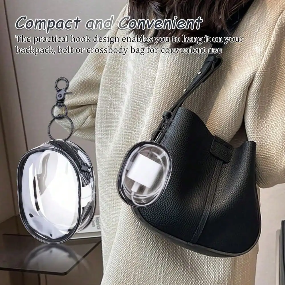Portable Clear Cable Organizer Bag With Keychain Mini Zippered Transparent Tech Pouch For Travel Small Earbuds And Charging Cords Cord Management Case