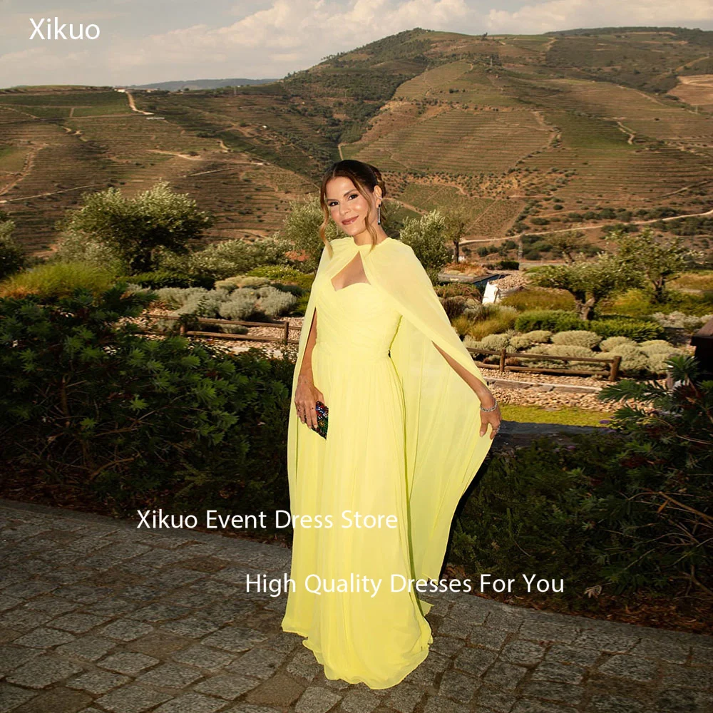 

Xikuo Vibrant Yellow Chiffon Evening Gowns Sweetheart Neckline Prom Dress Flowy Cape Ruched Vestido De Festa Longo Customized