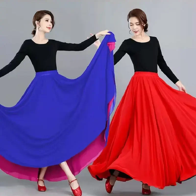 

Шифоновая танцевальная юбка с высокой талией, двухсторонняя двухслойная большая широкая юбка, юбка 540 градусов, длинное платье длиной 8 метров, Синьцзянский танец