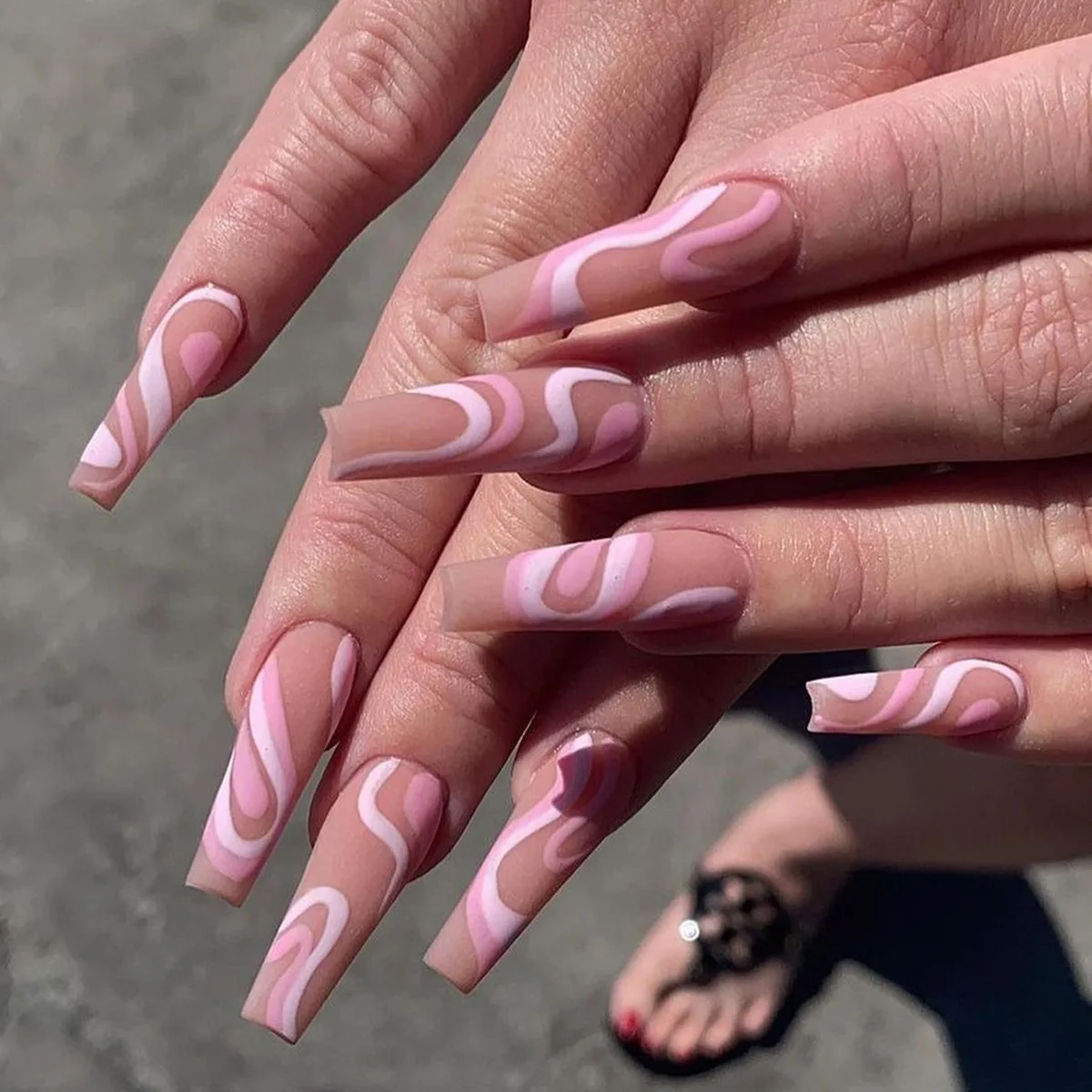 Wholesale French Fake Nail Full Cover Rose Gold Stripe Design 24pcs/ Box Long Ballerina Press on Nails