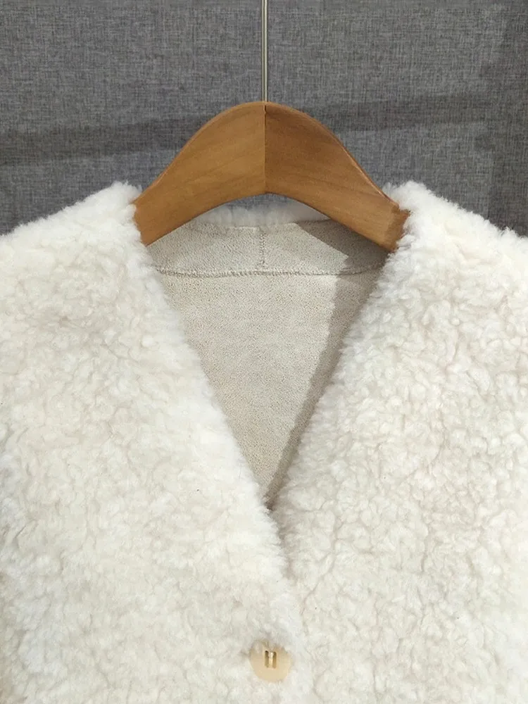 الشتاء سيدة تنوعا فضفاض معطف الصوف الحقيقي الخامس الرقبة القرن زر عادية كم طويل ملابس خارجية الأغنام القص المرأة الدفء سترة #3