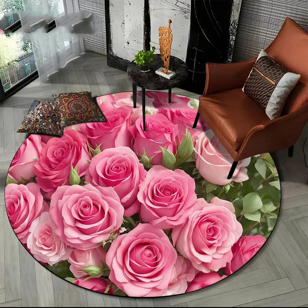 

Pink Rose Flowers Round Carpet Romantic Floral Circle Rug Women Girls Bedroom Living Room Balcony Floor Mat Home Decor Doormat