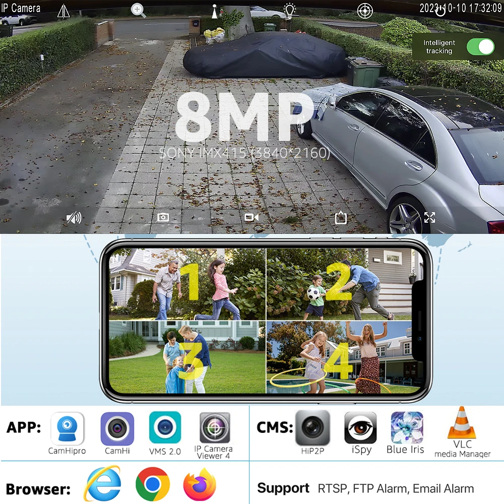 Imagem -05 - Câmera ip 8mp 4k Zoom Óptico 5x 10x Câmera de Vigilância Wi-fi Externa Ptz Rastreamento Automático Câmeras de Segurança Domo Holofote Câmera Cctv Metálica Camhipro Rtsp Ftp Cartão sd Nuvem