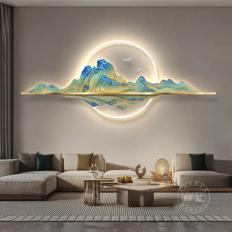 Thousand mile landscape painting, living room decoration, sofa, background wall mural, illuminated strip light, hanging painting