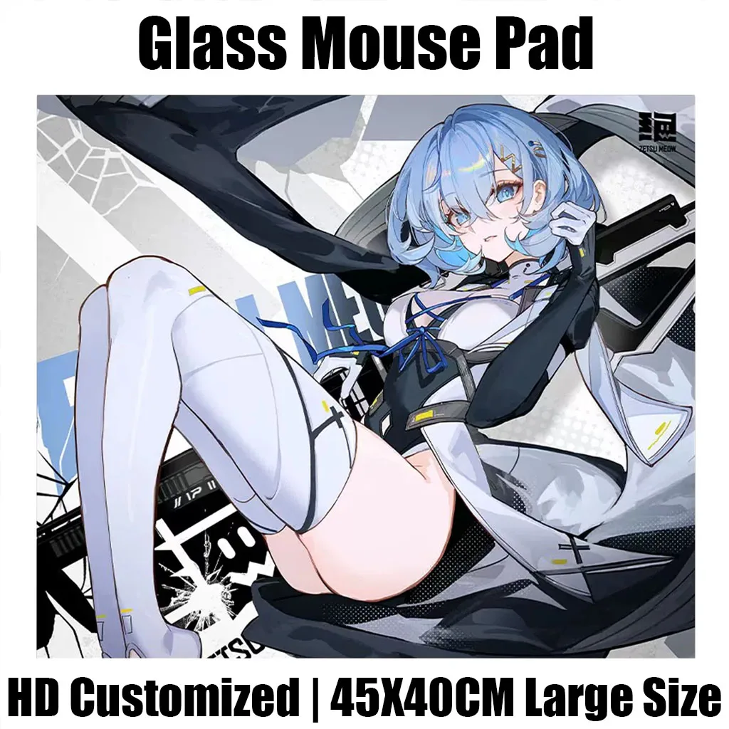 Y2k Blue Girls Glass Mouse Pad Japan Anime Meow Office Desktop Mat E-sports Game FPS Specific Glass Mousepad Game Accessories