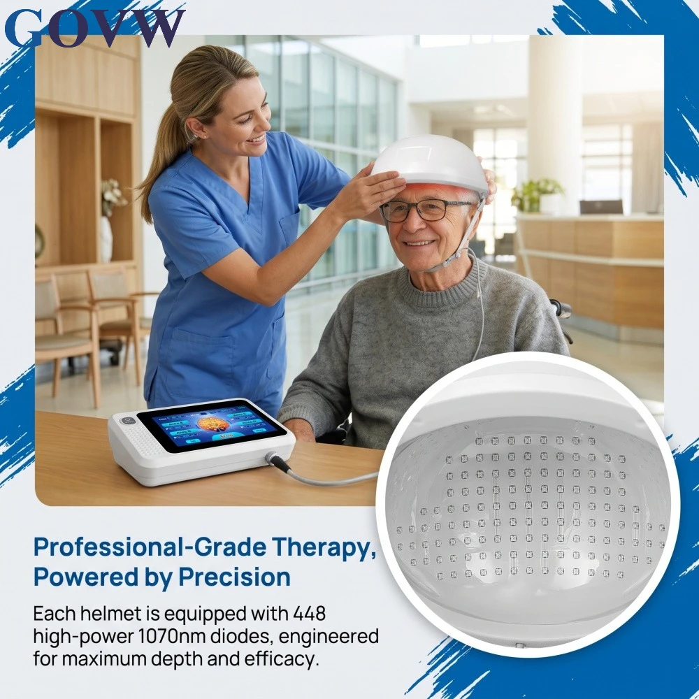 GOVW New 1070nm Photobiomodulation Helmet 448 Diodes for Parkinson Alzheimer Stroke NIR Light Therapy for Depression and Anxiety