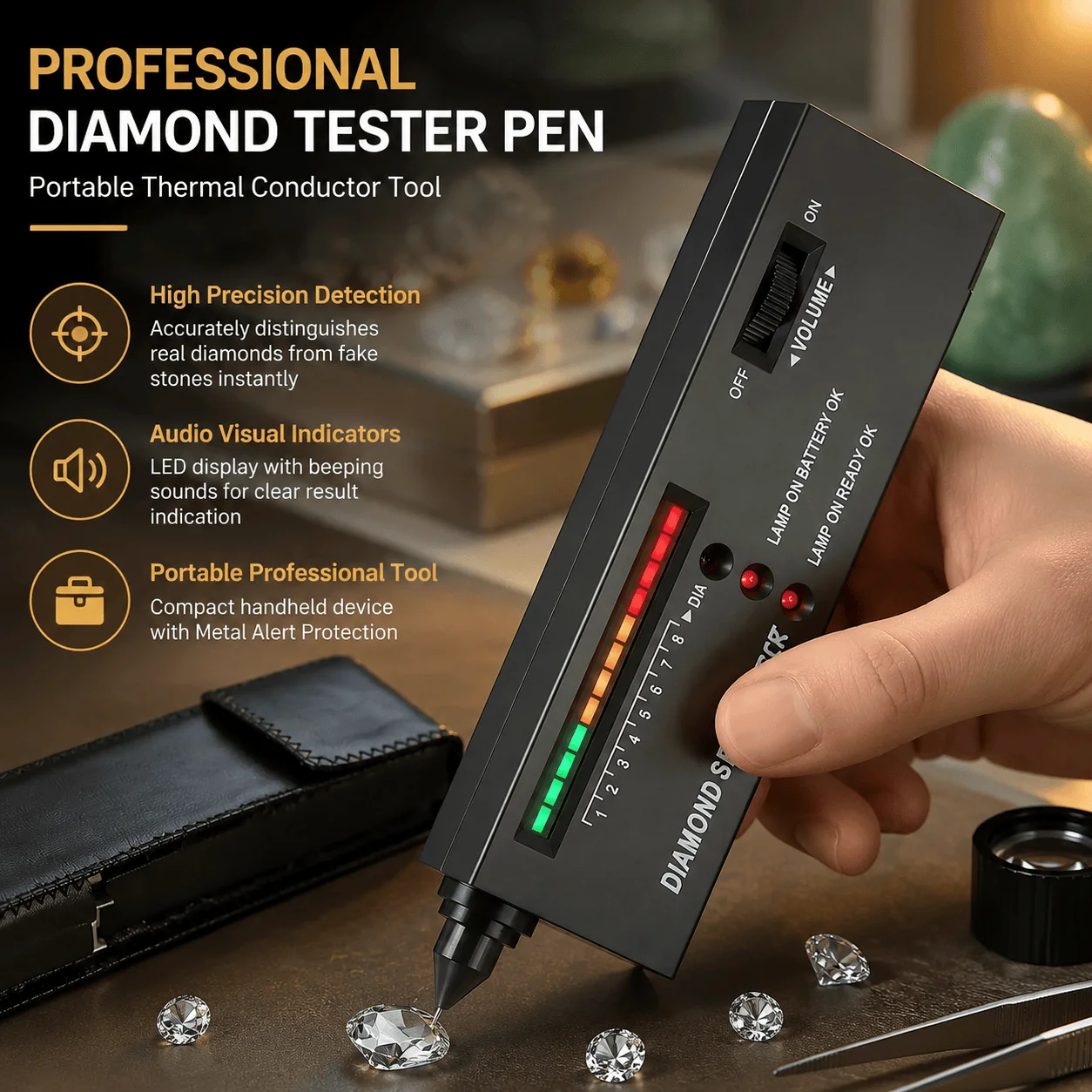 Professional Diamond Tester Pen High Precision Gemstone Detector Portable Diamond Selector With Audio Visual Indicators And Metal Alert Protection Multi Gem Authenticity Testing Tool Jewelry Checker Device For Retailers Collectors Pawn Shop Owners