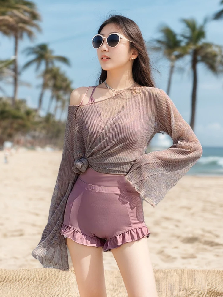Oiinaa cover-ups maiô feminino halter cordão split maiô cintura alta babados praia shorts verão 2025 conjunto de biquíni